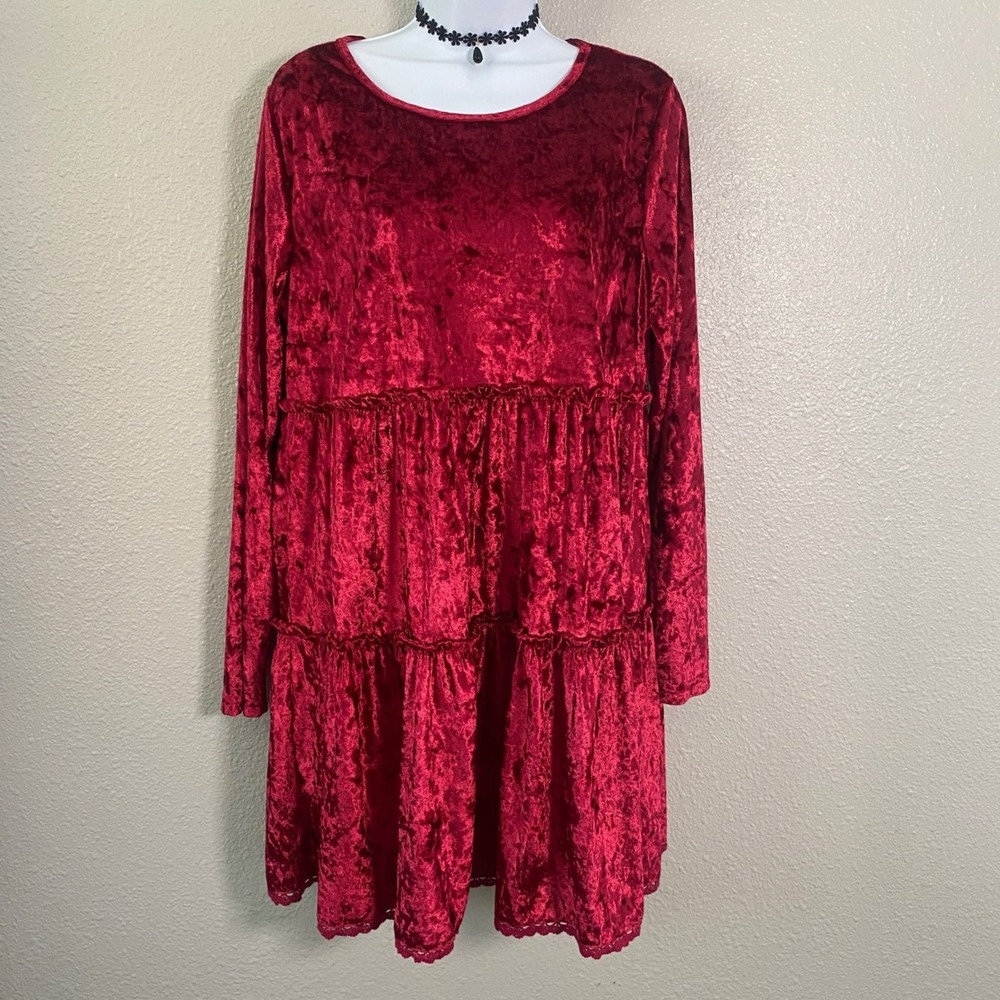 Red Velvet Mini Dress Medium Tiered Romantic Feminine Lace Witch Whimsigoth